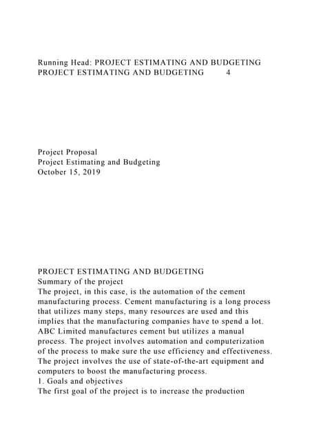 Running Head Project Estimating And Budgetingproject Estimatingdocx