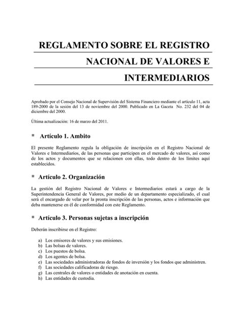 Reglamento Sobre El Registro Nacional De Valores E Intermediarios