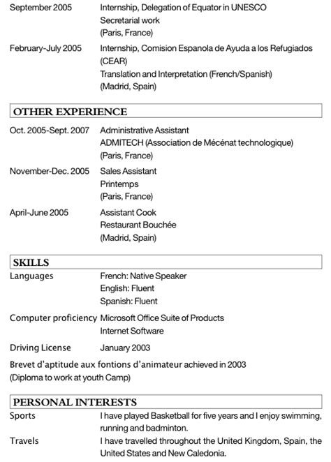 cv etudiant apres bac