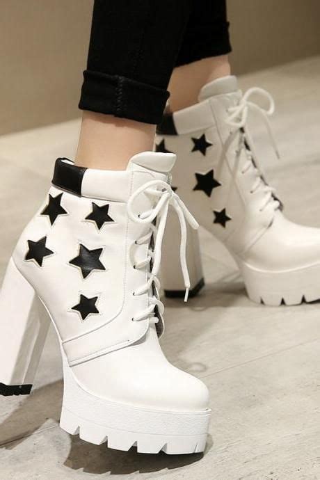 Star Decorate Platform Lace Up High Chunky Heels Short Boots Kawaii Shoes Girly Shoes Fancy