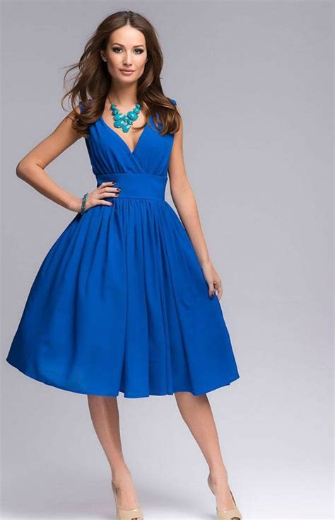 Cobalt Blue Formal Dress Length Knee Retro Chiffon Flared Skirt Dress