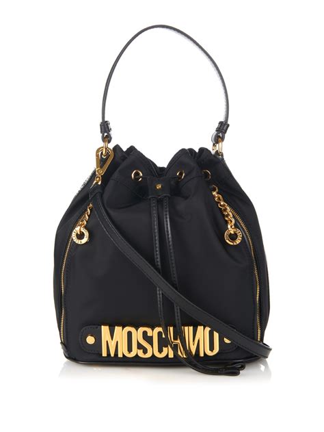 Lyst Moschino Lettering Leather And Nylon Bucket Bag In Black