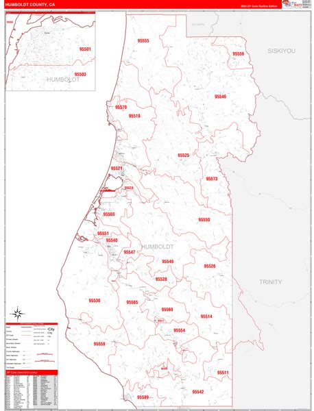 Humboldt County Ca Zip Code Wall Map Red Line Style By Marketmaps