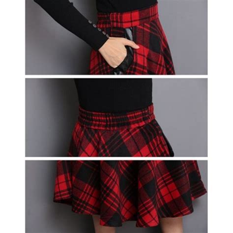 england style red plaid high waist midi skirts woolen plus size 3xl a line pleated 2019 winter