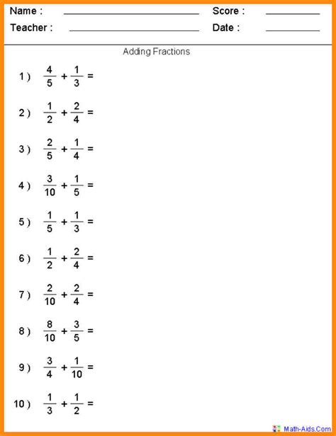 Adding Fractions With Unlike Denominators Worksheets 5th Grade