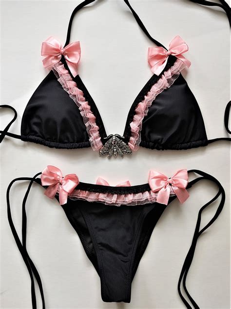 Pastel Goth Bikini Black Scrunch Bottom Brazilian Swimsuit Pink Ruffles Satin Bows Wiccan Lunar