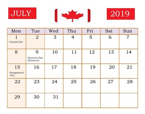 Canada July 2019 Bank Holidays Calendar Holiday Calendar Federal