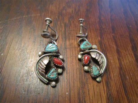 Navajo Sterling Earrings With Leaves Turquoise And Coral By