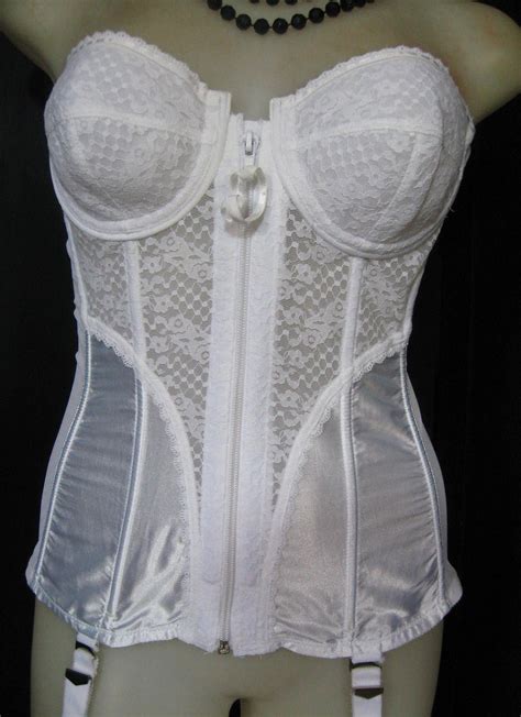 vintage white garter corset boned merry widow zip front 90s etsy