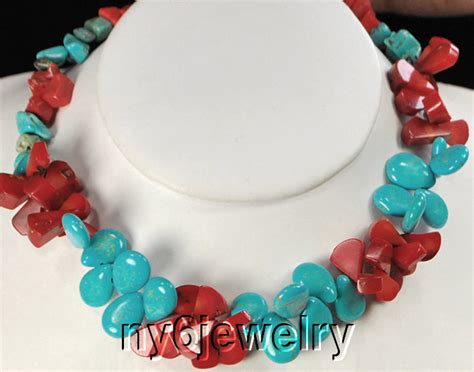 N2137899415 Blue Turquoise Red Coral Teardrop Silver Necklace 19