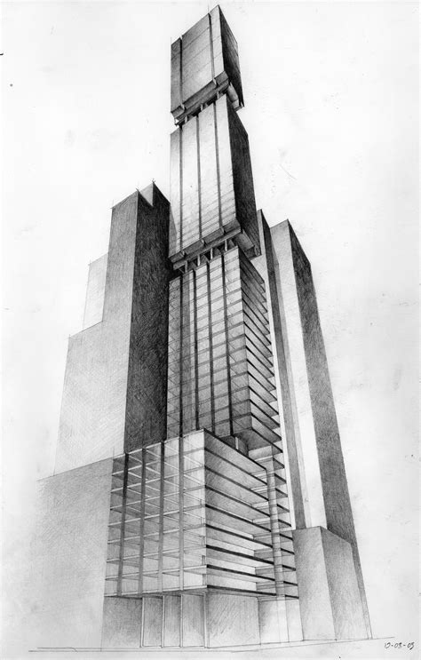 Original Graphite Pencil Drawing 9 X 14 Skyscraper City Building