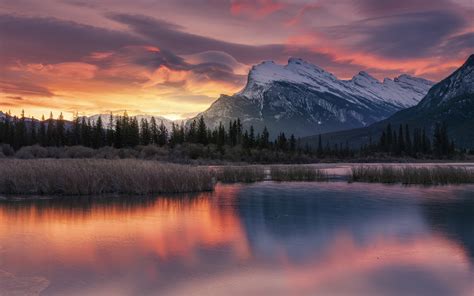 Canada Vermilion Lakes Sunrise Reflection Fire In The Sky Reds Sky