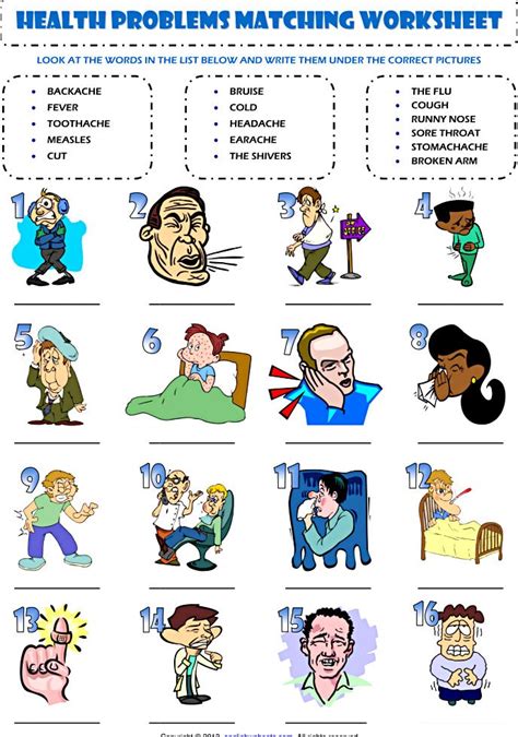 health problems illnesses sickness ailments injuries matching exercise vocabulary worksheet lesson