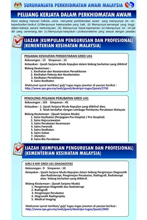 Portal jawatan kosong kerajaan membuka peluang pekerjaan di kementerian kesihatan malaysia (kkm) yang kini dibuka untuk semua warganegara malaysia dan kepada mereka yang berminat serta berkelayakan dipelawa untuk mengisi kekosongan jawatan ini seperti berikut Iklan Jawatan Kosong Kementerian Kesihatan Malaysia (KKM ...