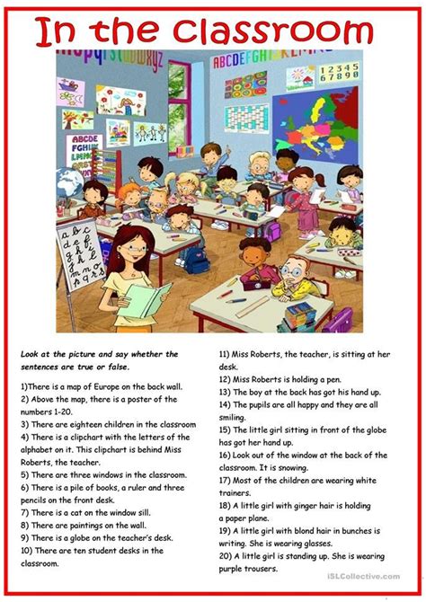 In The Classroom English Activities For Kids Picture Comprehension