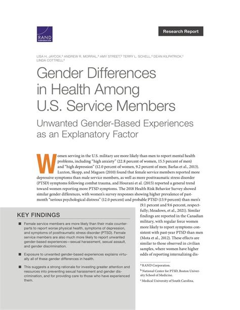 Gender Differences In Health Among Us Service Members Unwanted Gender Based Experiences As An