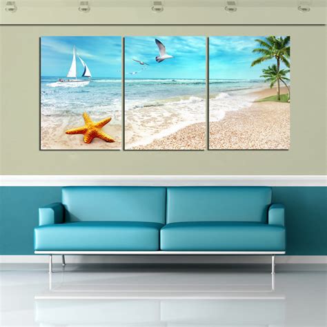 3 Panel Large Beach Canvas Seascapes Palm Tree Paintings 3 Piece Wall