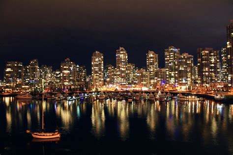 Night Skyline Across The Water In Vancouver British Columbia Canada