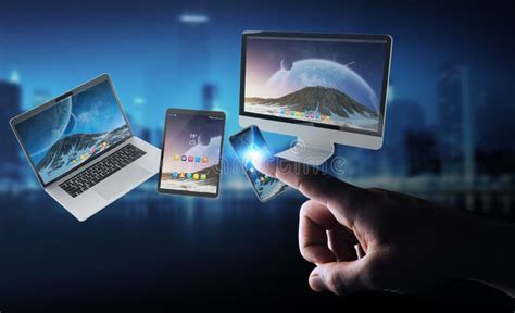 Businessman Connecting Modern Smartphone Tablet Laptop And Computer 3d