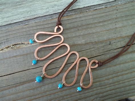 Handmade Wire Copper Necklace With Turquoise Stones And Brown Cord