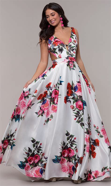 Floral dresses are beautiful and highlight your feminine poise and grace. White Print A-Line Prom Dress with Side Cut Outs