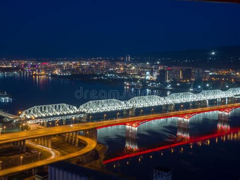 Siberian City Of Krasnoyarsk Top View Of The Yenisei River And Bridges
