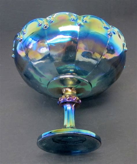 Vintage Indiana Iridescent Blue Carnival Glass Pedestal Bowl Property Room
