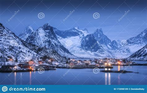 Reine At Night In Lofoten Islands Norway Winter Landscape Stock Image