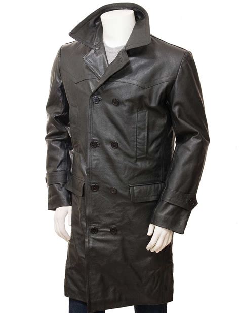Black Leather Mens Trench Coat For Sale Hjackets
