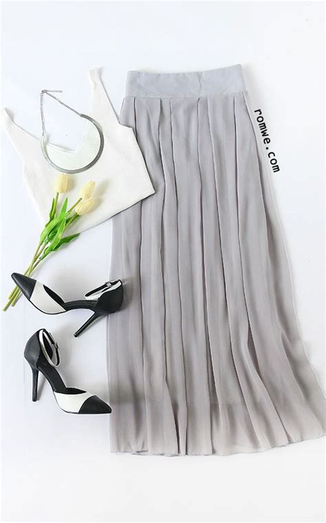 Grey Elastic Waist Chiffon Pleated Skirt Skirt Fashion Pleated Chiffon Skirt Fashion Clothes