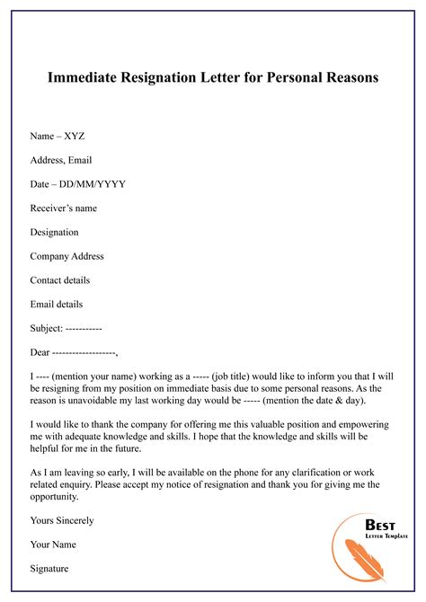 Immediate Resignation Letter For Personal Reasons 01 Best Letter Template