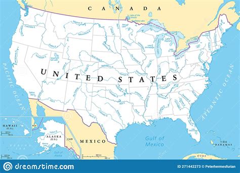 United States Longest Rivers And Largest Lakes Political Map Stock