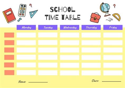 Yellow Class Timetable Schedule Template School Schedule Printable