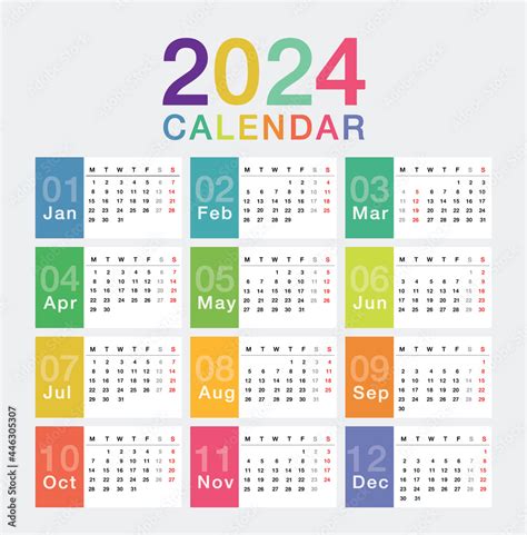 Colorful Year 2024 Calendar Horizontal Vector Design Template Simple