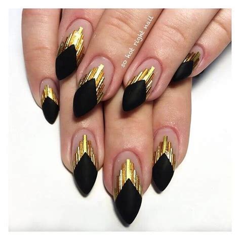 Matte Black And Embellished Gold Nails Uñas Art Deco Art Deco Nails