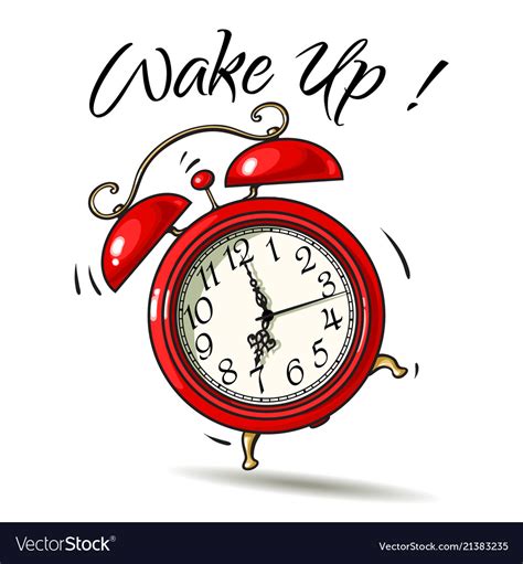 Cartoon pop art alarm clock. Cartoon red alarm clock ringing wake-up text Vector Image