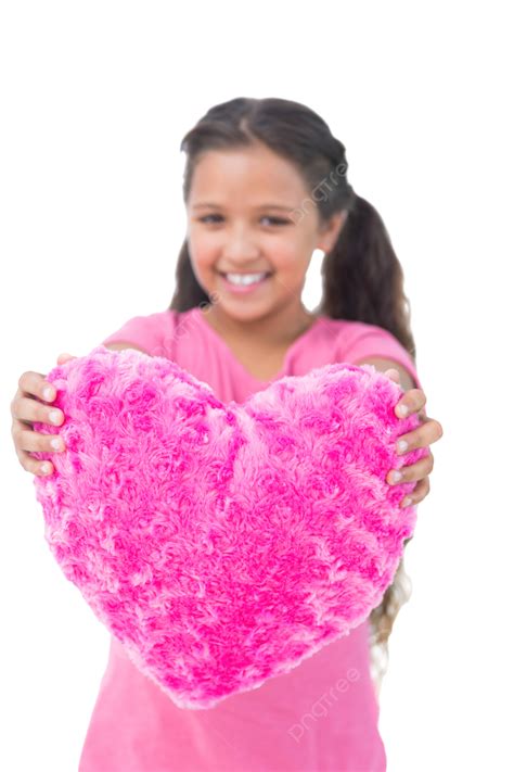 A Young Girl Displaying A Heartshaped Cushion Brown Hair Female Affection Happy Pillow Png