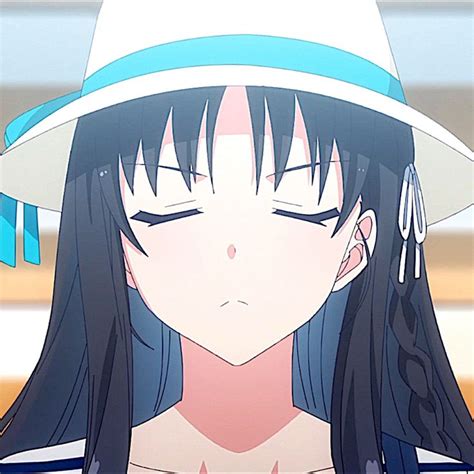 An Anime Girl With Long Black Hair Wearing A White Hat And Blue Eyeshadow