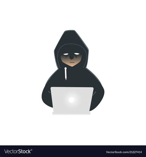 Male Hacker In Black Clothes And Mask Sits Behind Vector Image