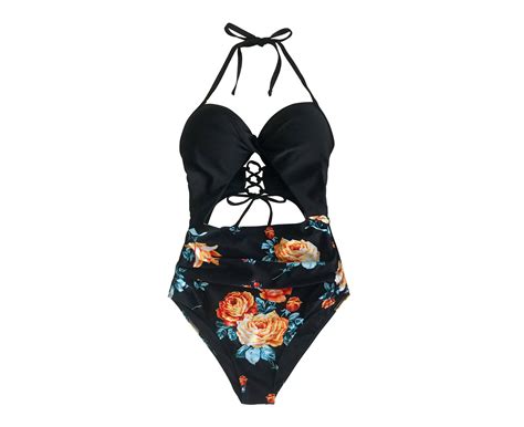 Cupshe Womens Black Floral Print Plunging One Piece Swimsuit Patchwork