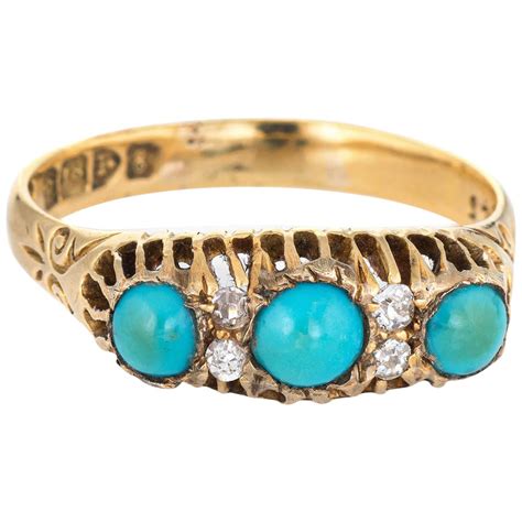 Antique Edwardian Turquoise Diamond Ring 18 Karat Yellow Gold Bridge