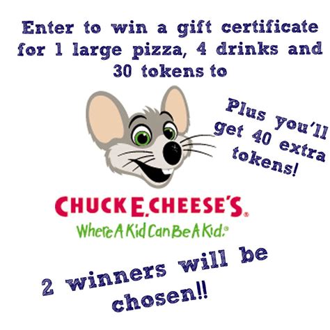 We did not find results for: 2 lucky winners will each receive a gift certificate to Chuck E. Cheese good for 1 large pizza ...