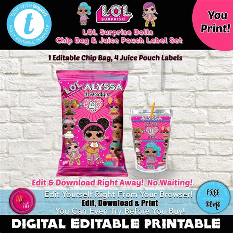 Editable Lol Surprise Dolls Chip Bag And Capri Set Mugandmousedesigns