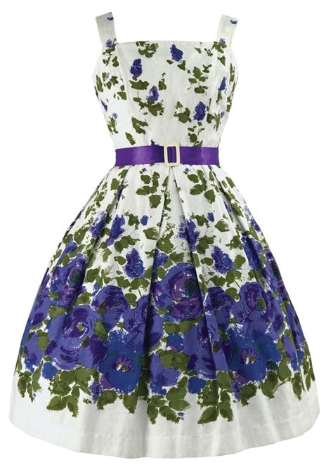 Vintage 1950s Blue Roses Border Print Dress 50s Piq Gem