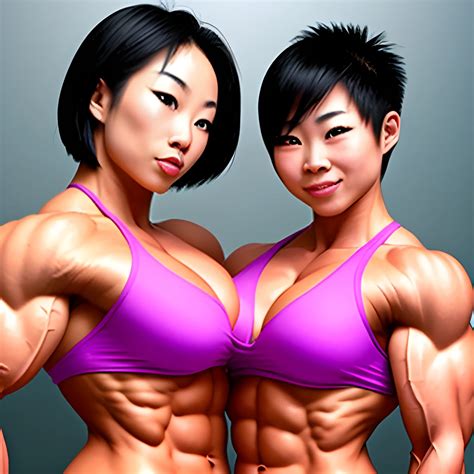Two Sexy Asian Female Bodybuilders Kissing They Have Short Hair