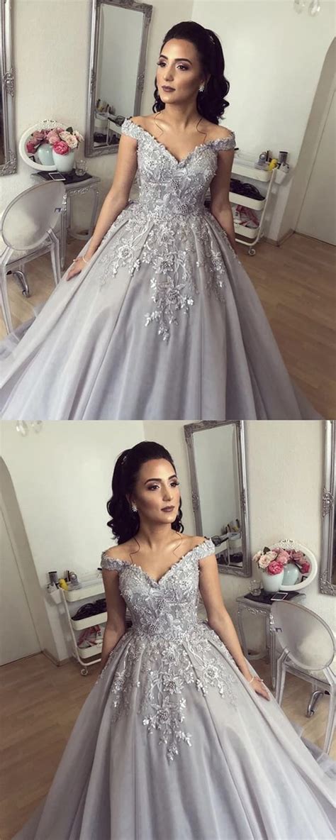 Silver Wedding Dresses Ball Gowns Lace Embroidery Off Shouldere0167