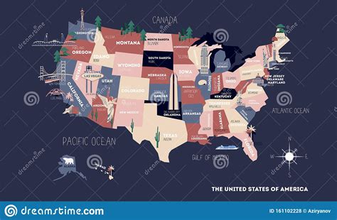 Poster Map Of United States Of America With State Names Usa Cartoon