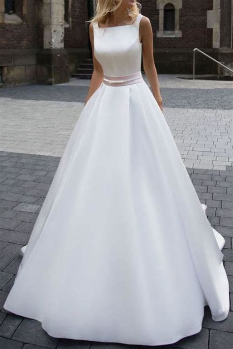 White Ball Gown Satin Square Neck Wedding Dress Lizprom