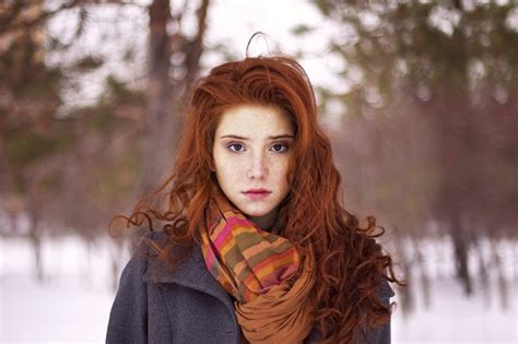 looking at viewer pale grey coat winter scarf portrait freckles redhead women outdoors