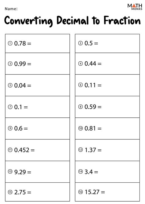 Changing Fractions Into Decimals Worksheet
